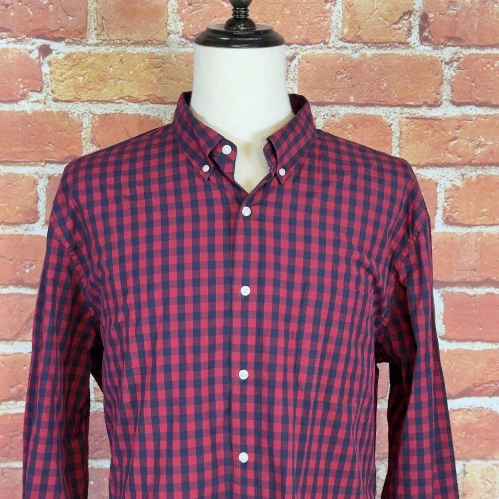 J Crew Mens XXL‎ Slim Fit Stretch Button Down Long Sleeve Shirt Navy Red Plaid